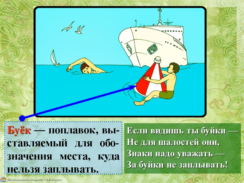 Если видишь ты буйки — Не для шалостей они, Знаки надо уважать — За